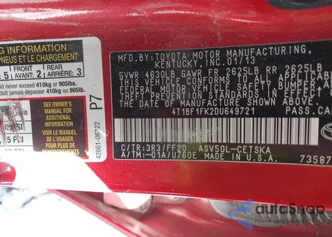 2013 Toyota Camry Se from USA, damaged, VIN 4T1BF1FK2DU649721